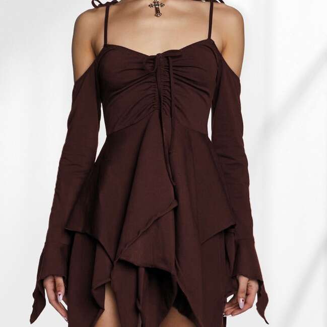 Gothic Style Milk Silk Women's Patchwork Off-Shoulder Long Sleeves High Waist Strap Dress With Ruffles B5