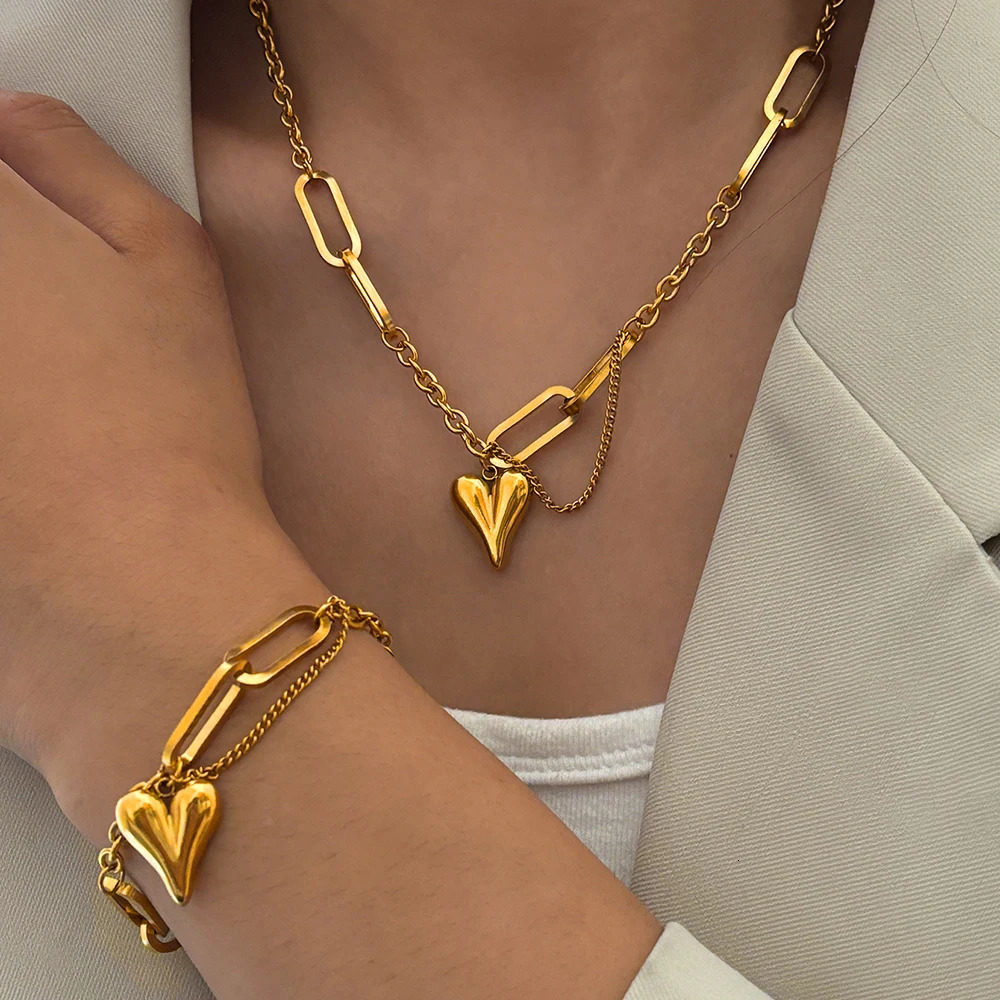 Stainless steel combination of two sets of light retro heart-shaped irregular chain womens jewelry daily matching 250715