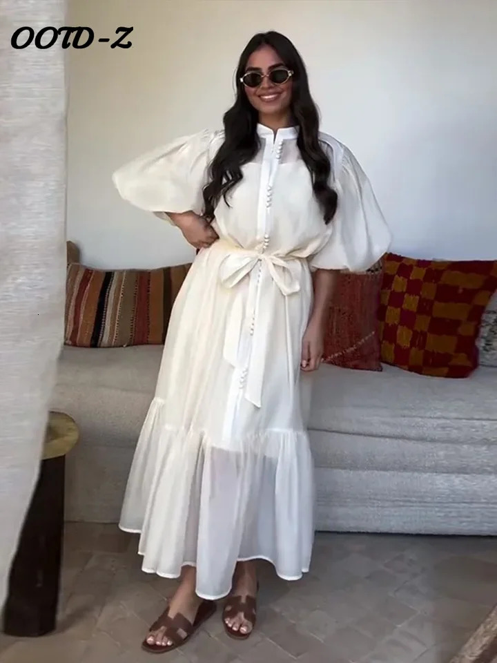 Elegant Lace Up Solid Women Dresses Party Ruffles Puff Sleeve Single Breasted Female Dress 2025 Summer Lady Maxi Vestidos 250715