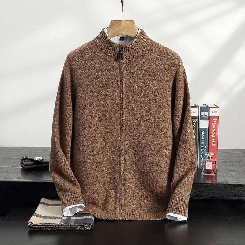 High-End Men 100% Sweater Mock-Neck Long Sleeve Zipper Cardigan Winter Thick Coat Smart Casual Cashmere Knitwear Tops