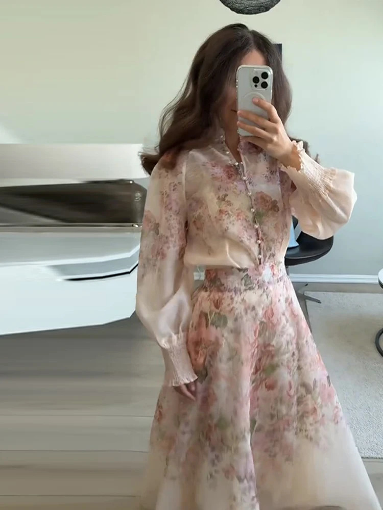 Elegant Womens Floral Maxi Skirt Set Chiffon 2 Piece Suit LongSleeve HighNeck Top Matching Skirts Summer Streetwear 250714