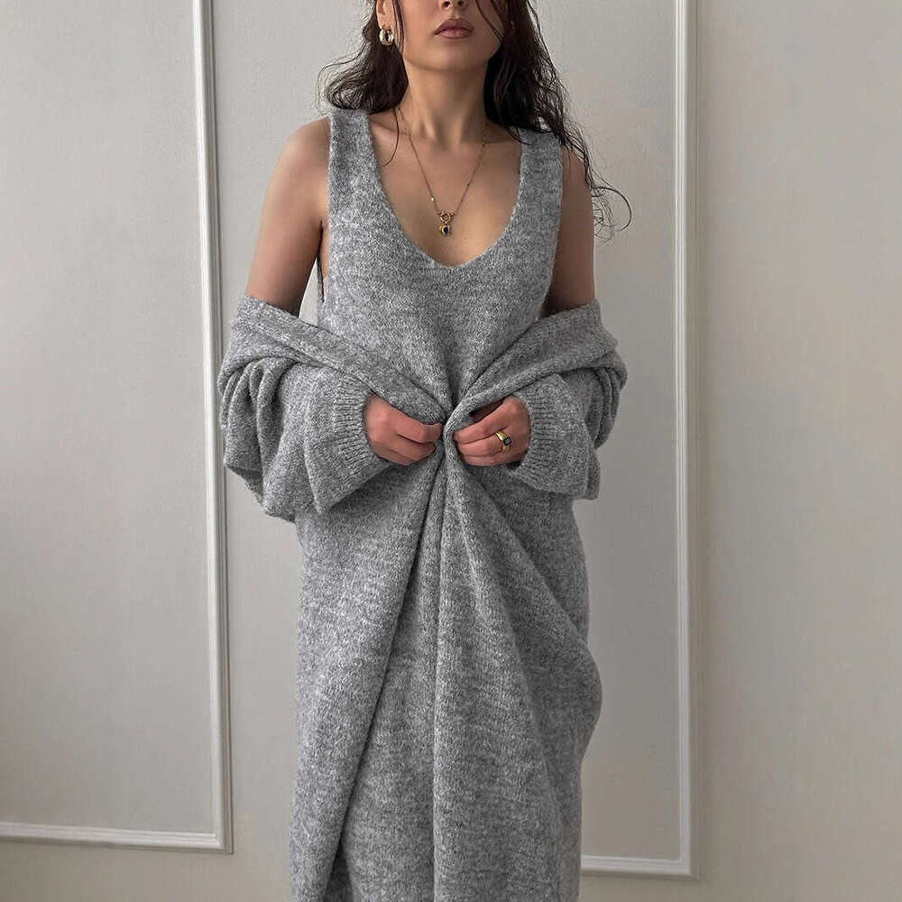 Autumn Winter Style Sweater Set For Women Loose Long Version Thickened Cardigan + V-Neck Vest Dress B5