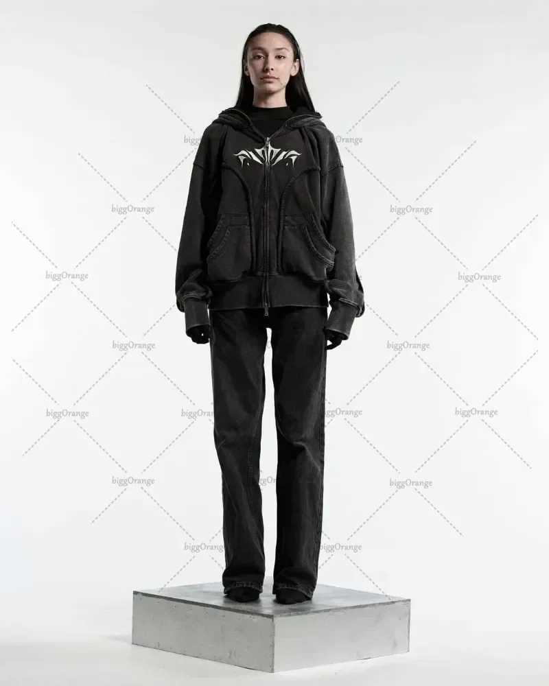 2025 2K Harajuku Retro Double Hat Design Casual Loose Zipper Hoodie Men Street Hip-Hop Fashion Punk Oversized Sweatshirt Women X2507181