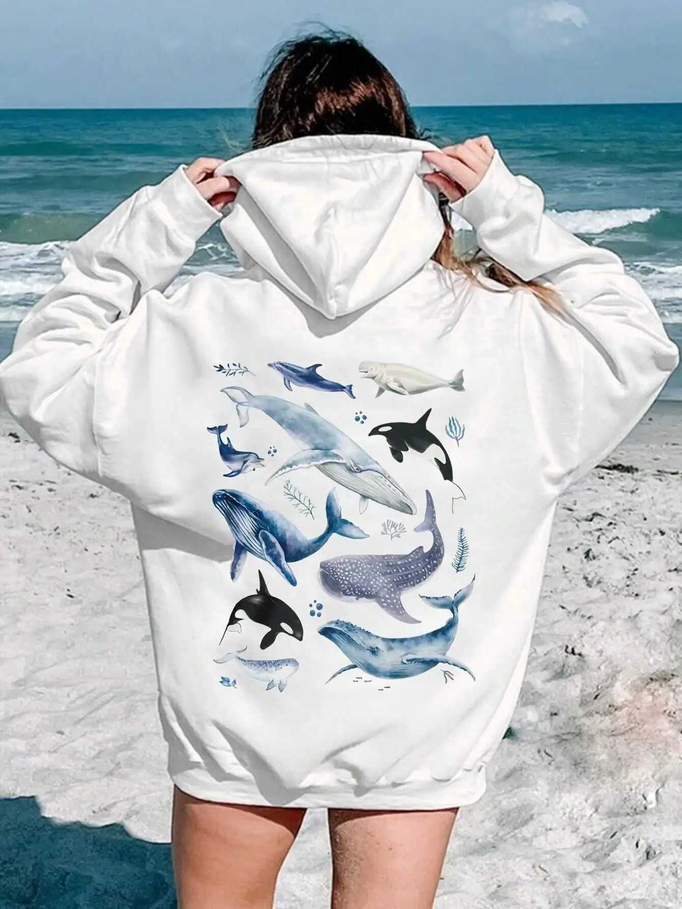 Ocean Whales Print Fe Hoodie Harajuku Comfortable Sweatshirts Fashion O-Neck Quality Hooded Autumn Warm Streetwear Women XJ250717
