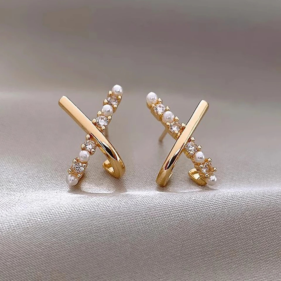 Yupsk Fashion Small Cross X-shape Zircon Pearl Earrings for Women Statement Unusual Accessories Wedding Party Jewelry 250717