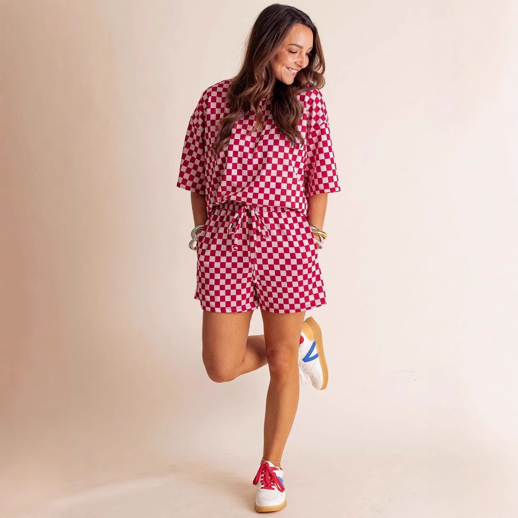 2025 Summer Comfortable Loose Casual Set for Women Fashion Plaid Short Sleeve Top and Shorts Two-Piece Set 250718