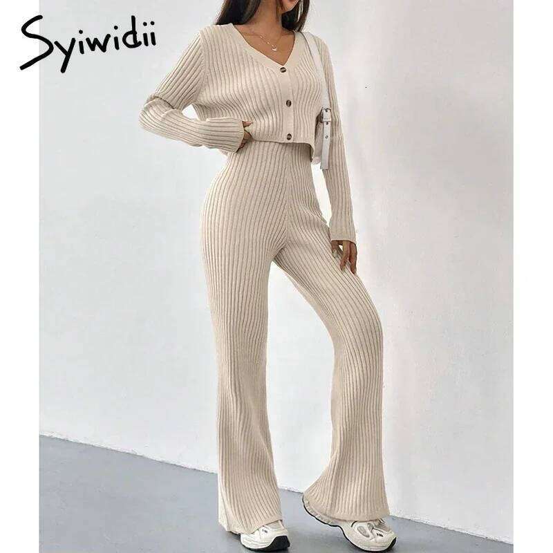 Syiwidii Autumn Women Suits Casual V Neck Single Breasted Tops High Waist Straight Pants Fashion Elegant Commuting 2 Piece Sets MDNG
