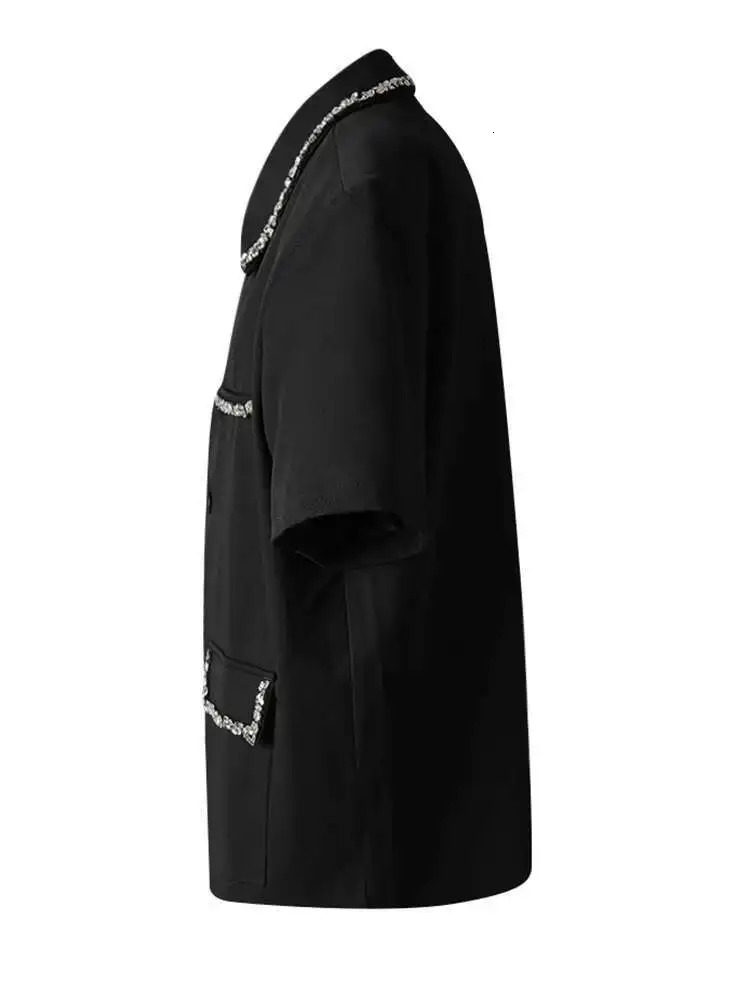 EAM Women Black Rhinestones Elegant Big Size Blazer Lapel Short Sleeve Jacket Fashion Spring Summer CPG3617 250703