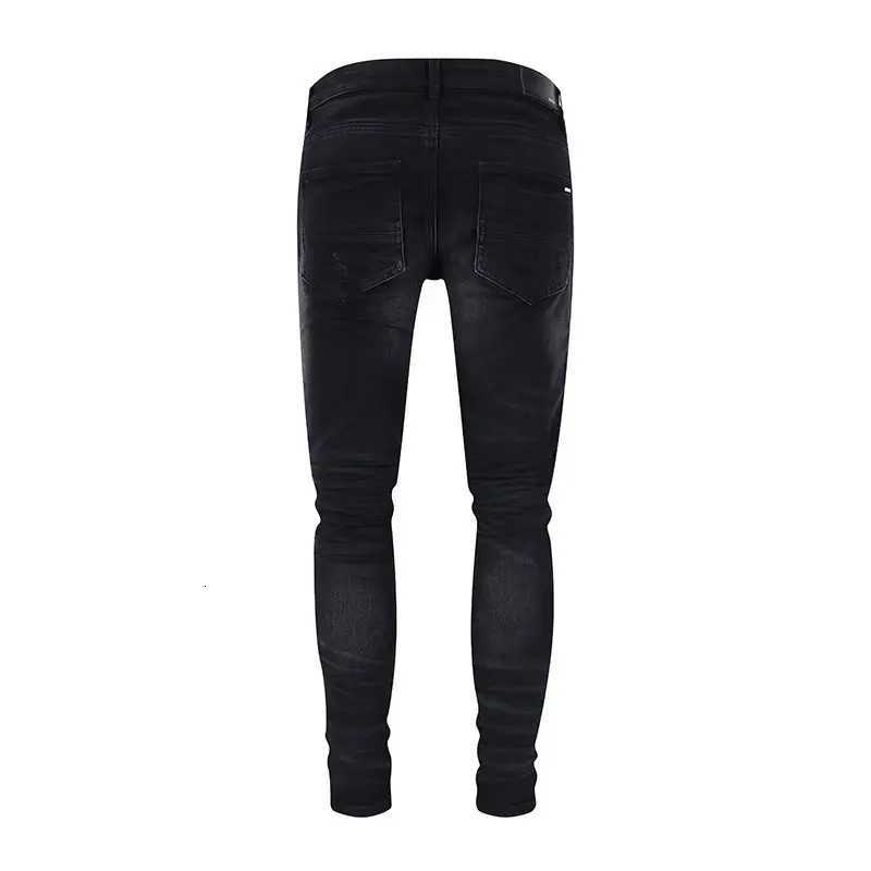 Designer Street Fashion Mens Jeans Washed Elastic Slim Fit Perforated Cashew Flower Patch Black Denim High Street Pants H X2507181