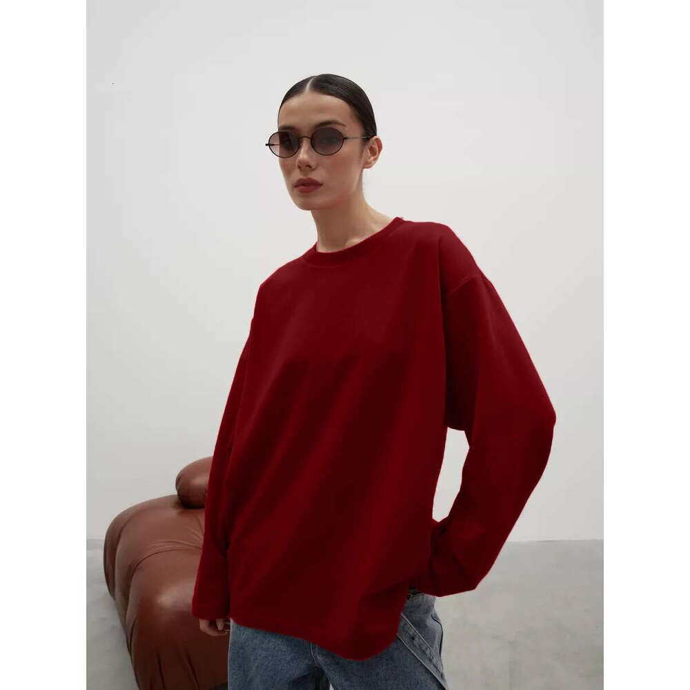 260G Combed Cotton Solid Color Long Sleeve T-Shirt For Women Loose Casual Round Neck Top High Quality B5