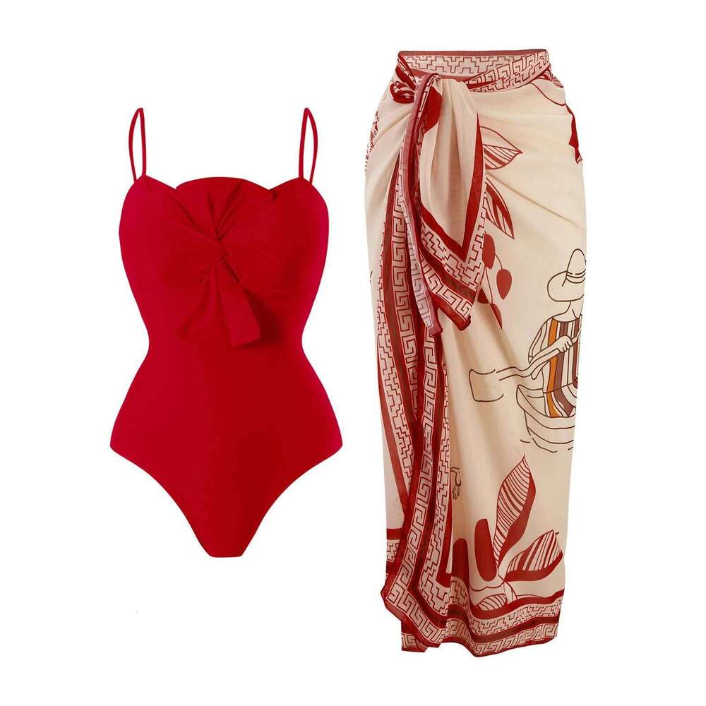 Women's Sexy Slim Fit One Swimsuit with Chiffon Skirt Two Piece Set Pure Color Bikini Ensemble from Mainland China