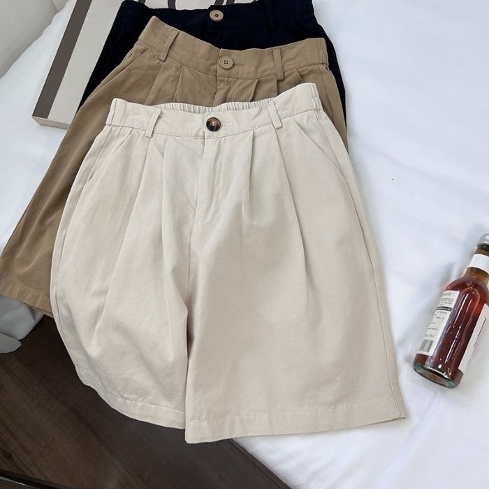 Cotton with Hemming American Style Suit for Women Summer Thin Loose Slimming Women's Pants Wide-Leg Five-Point Shorts