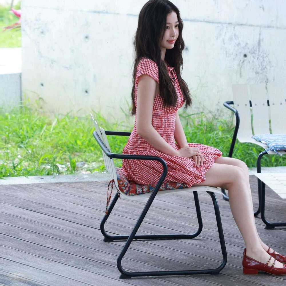 French Red Plaid Hollow Sleeve Summer Yu Shuxin Same Style Waist Slimming Short Dress B5