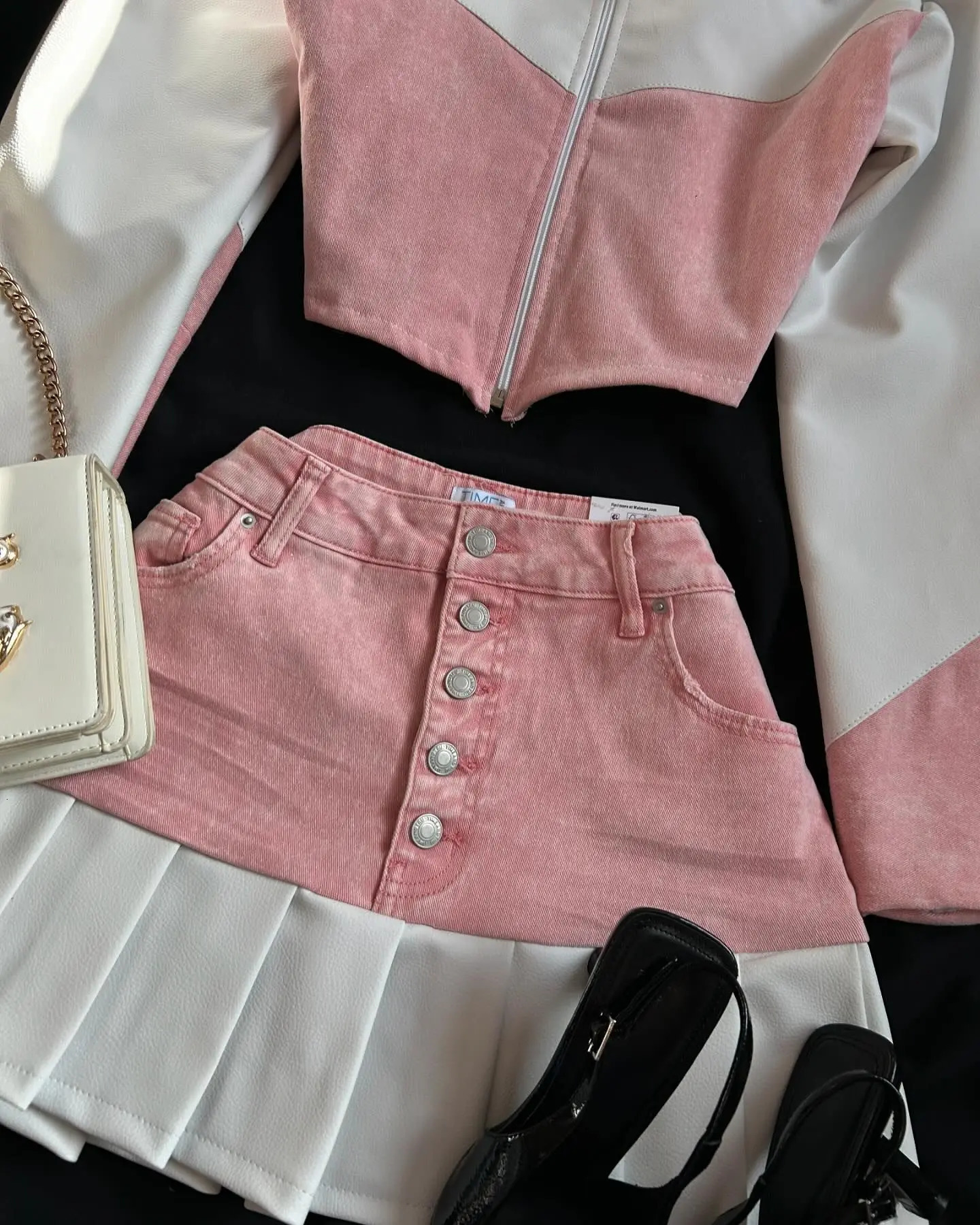 Harajuku Y2k Two Piece Sets Outifits Pink Leather Denim Splicing Zipper Jacket Skirt Pleated Skirts Streetwear 250707