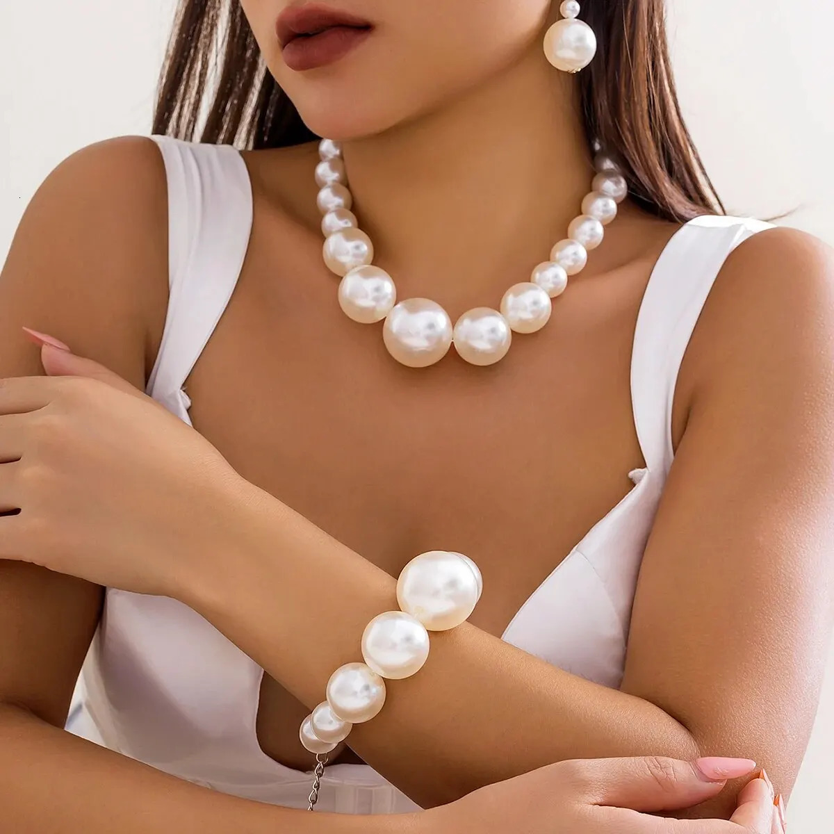 2Pcs Exaggerated Big Pearl Choker Necklace Bracelets for Women Wed Goth Bead Maxi Chain Grunge Jewelry Set Steampunk 250715