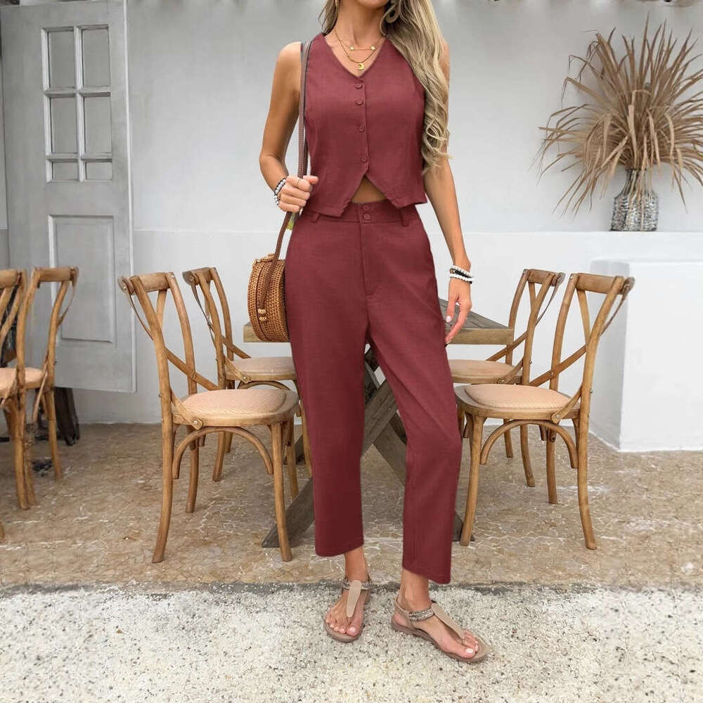 Summer Women's Clothing Spring New V-Neck Sleeveless Vest And Dress Pants Casual Set B5