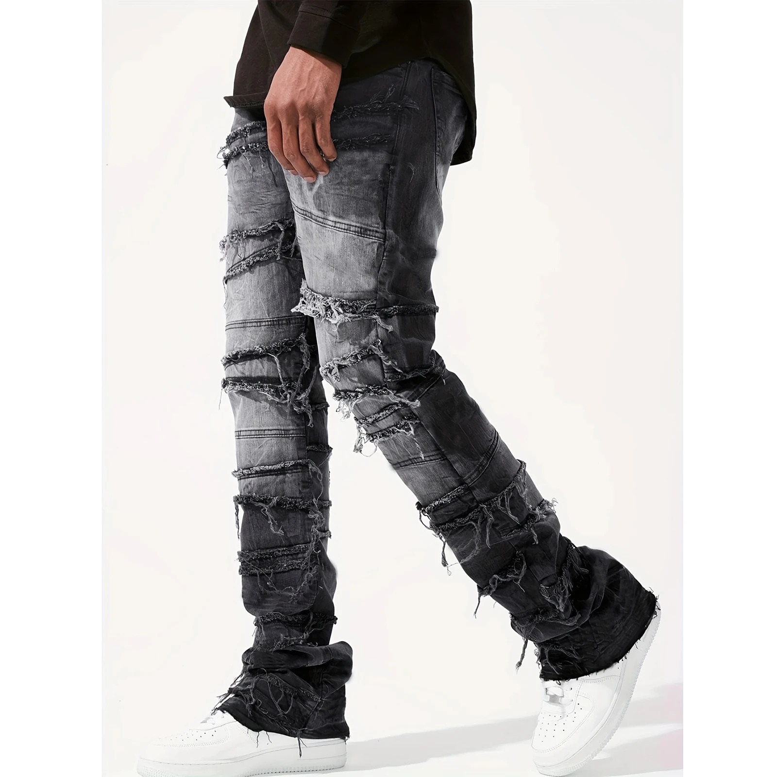 Mens Denim Pull-On Jeans Tiered Raw Trim Pockets Straight Leg Full Length Leisure Trousers Fashion Streetwear 250716