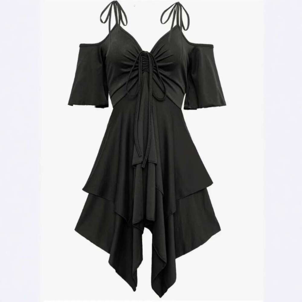 Spring Summer New Women's Street Fashion V-Neck Cold Shoulder Short Sleeve Casual Plus Size Tie Dress B5