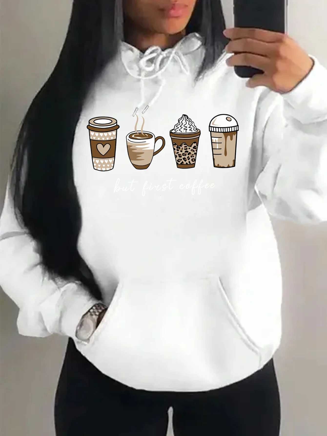 But First Coffee Cartoons Coffee Drinks Pattern Hoodies Fashion Warm Hoody Casual Trendy Sweatshirt Street Women Pullovers XJ250717