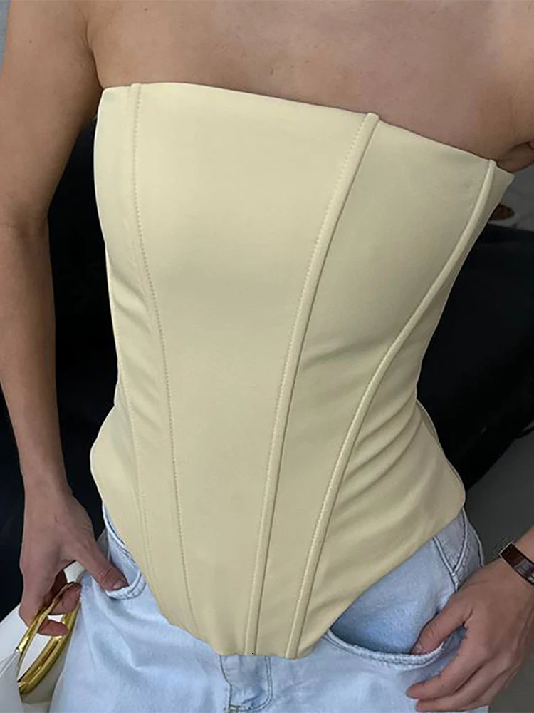 Two Piece Set Fishbone Strapless Vest Top Suit Short Jacket Solid Color Slim Fit Fashion Women Tank Blouse Waist Cinched Coat 250715