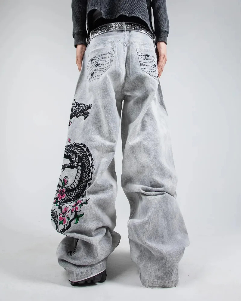 Y2K baggy jeans oversized vintage dragon embroidery pattern black jeans hip hop streetwear gothic Harajuku unisex wide leg pants 250716
