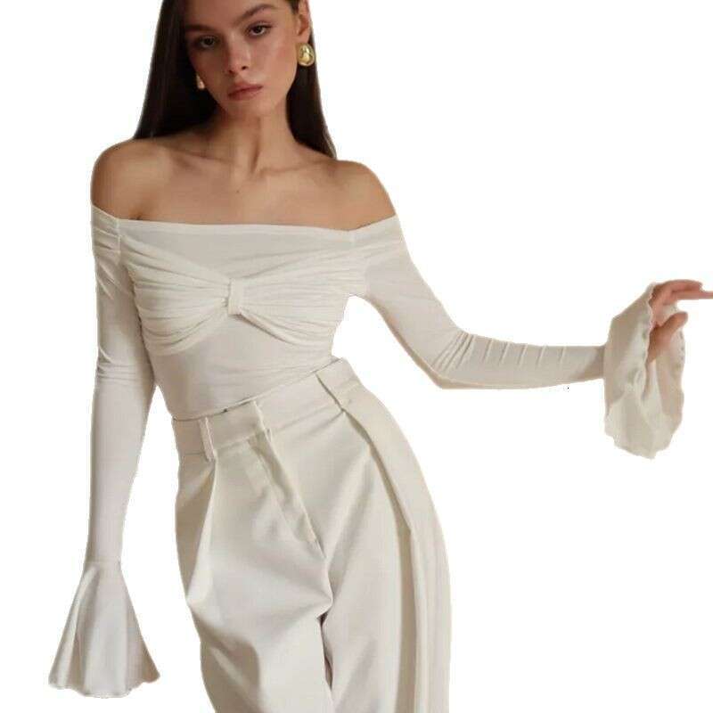 New Women Off-Shoulder Bow Long Ruffled Bell Sleeve Solid Color Simple Style Top B5