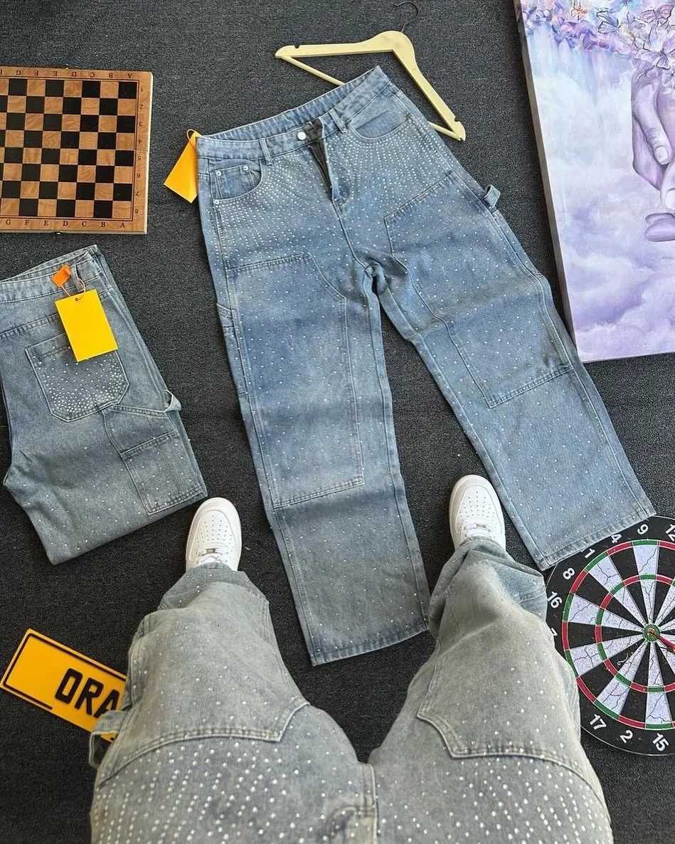 Vintage Rhinestone Sequins Jeans Men Hip Hop Streetwear Pockets Straight Vintage Loose Jeans Low Waist Trousers Women Clothing X250718