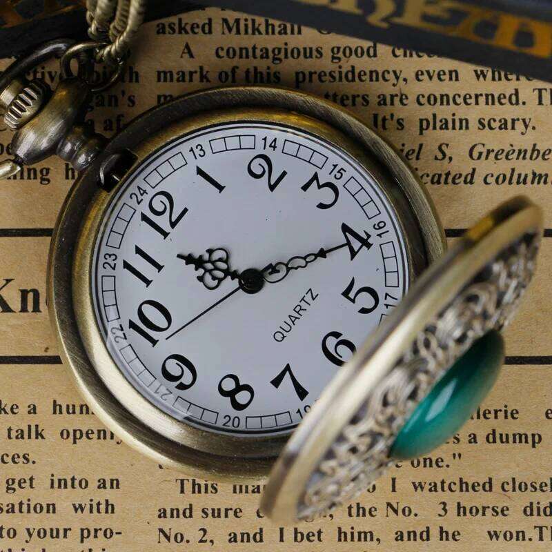 free shipping Vintage Arabic numerals face hollowed-out carving jade quartz pocket watch Bronze elegant style ladies gift clothing a