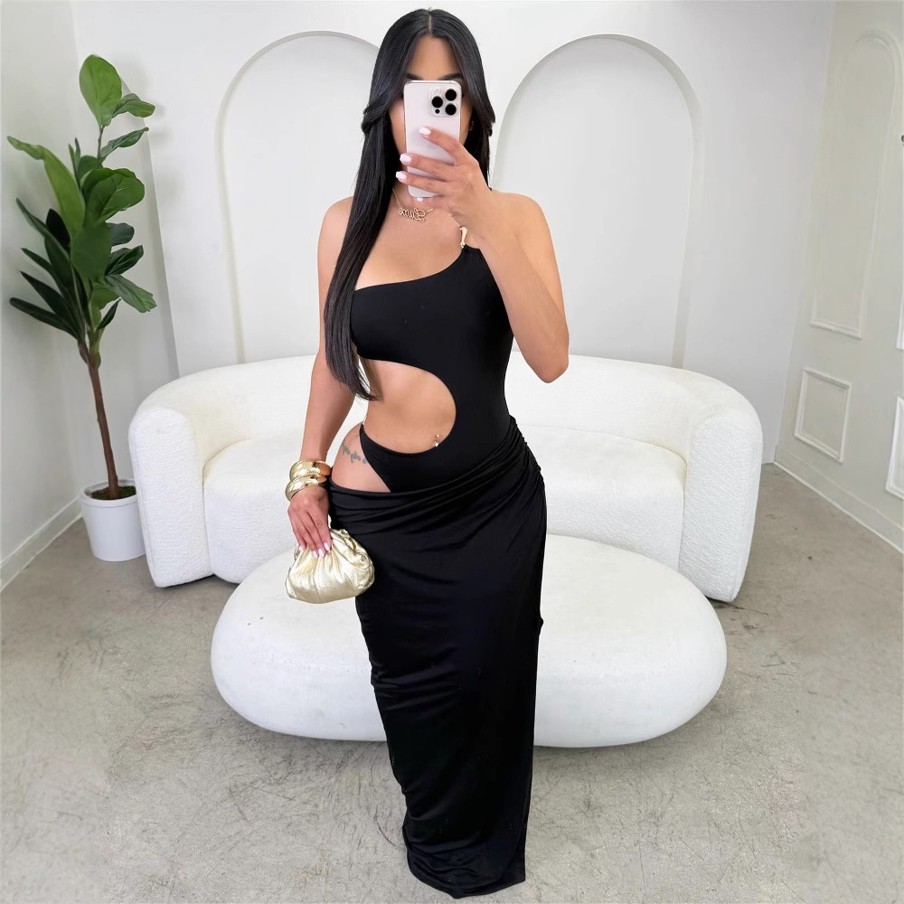 New Fashionable Evening Dress Solid Color Elegant Slim Sexy Hollow Design Long Dress Bodycon Dress for Women