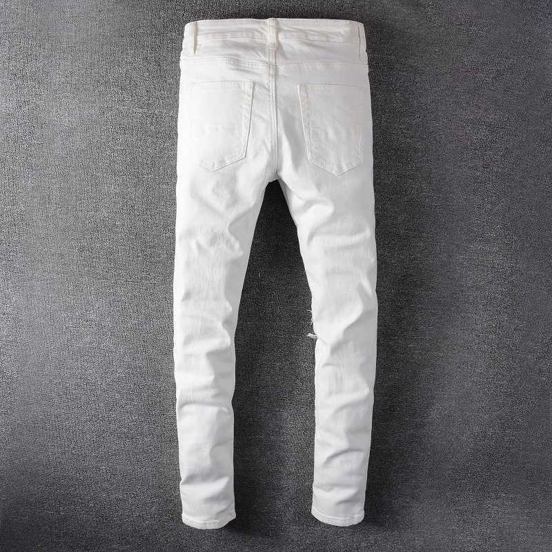 Sokotoo Mens White Crystal Holes Ripped Jeans Fashion Slim Skinny Rhinestone Stretch Denim Pants X250718