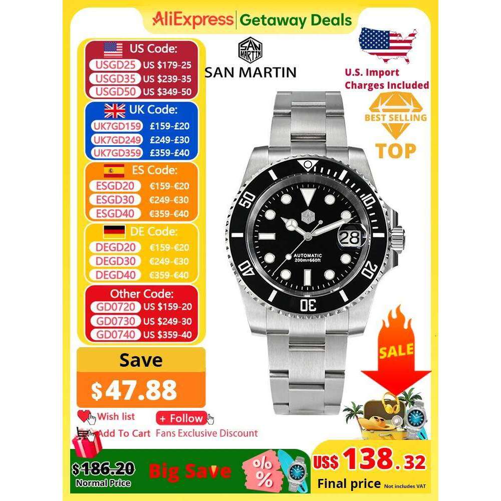 San Martin New 40mm Water Ghost Diver Men Business NH35 Automatic Mechanical Watch Sapphire Waterproof 200m SN0017 free shipping