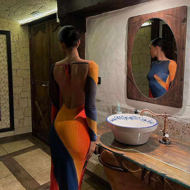 Summer New Women's Fashion Off-Shoulder Printed Sexy Backless Tight Bodycon Midi Dress B5