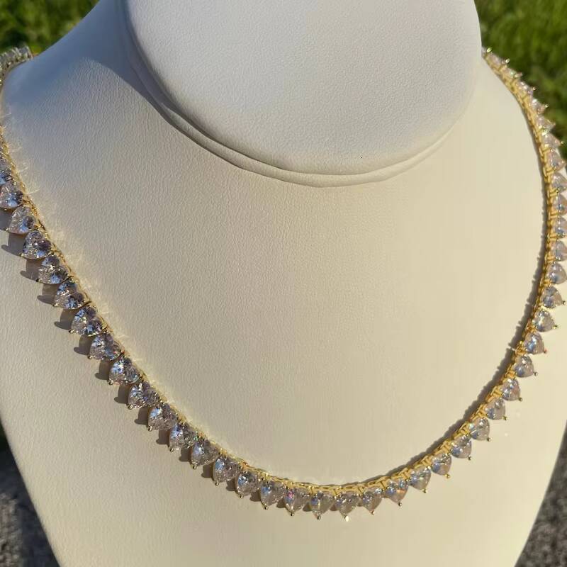 Hip Hop Jewelry Moissanite Tennis VVS DEF Heart Cut Sterling Silver Plated 14k Gold Moissanite Tennis Chain