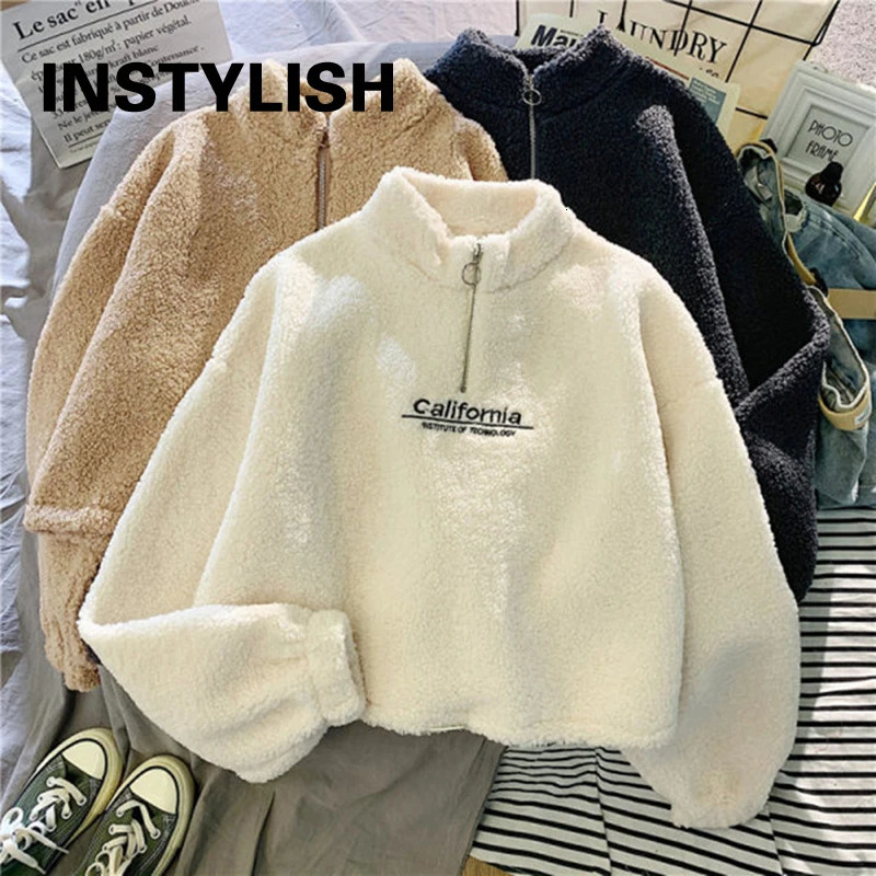 Women Stand Neck Fleece Cropped Hoodies Autumn Letter Embroidery Long Sleeve Drawstring Sweatshirt Elegant Plush Velvet Tops 250707