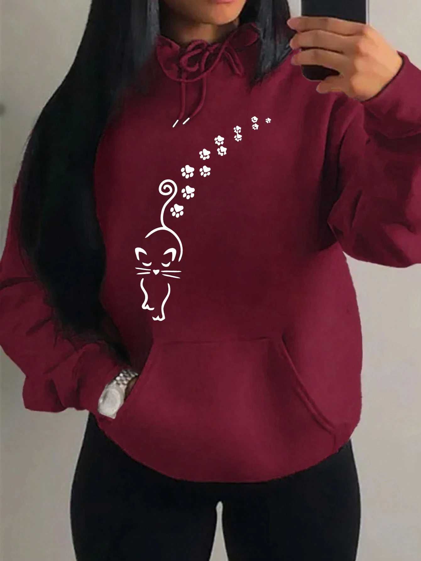 Cats And Footprints Creative Design Fe Sweatshirt Hip Hop Pocket Hoodies Creativity Warm Pullover Street Style Fce XJ250717