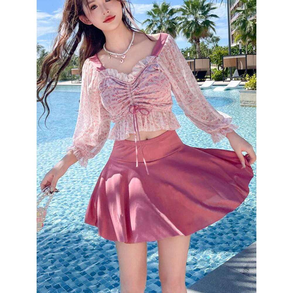 OIINAA Print Bathing Suit Women Ruffled Long Sleeve Hot Spring Swimwear High Waisted Mini Skirt Summer 2025 New Fashion Swimsuit