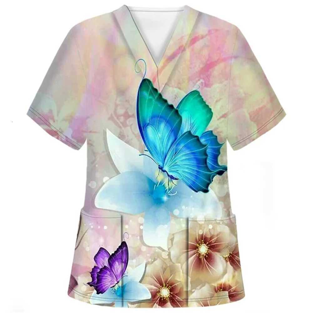 Medical Clothes Elegant Butterfly Print V-Neck Surgical Uniform Woman Short Sleeve Color Patch Pocket Top Clinical Uniform Woman Z250718