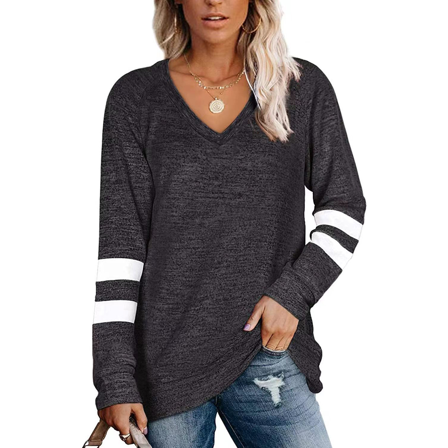 Women's Clothing Ladies Long Sleeve Contrast Color Stitching V-Neck loose Casual T-Shirt Top