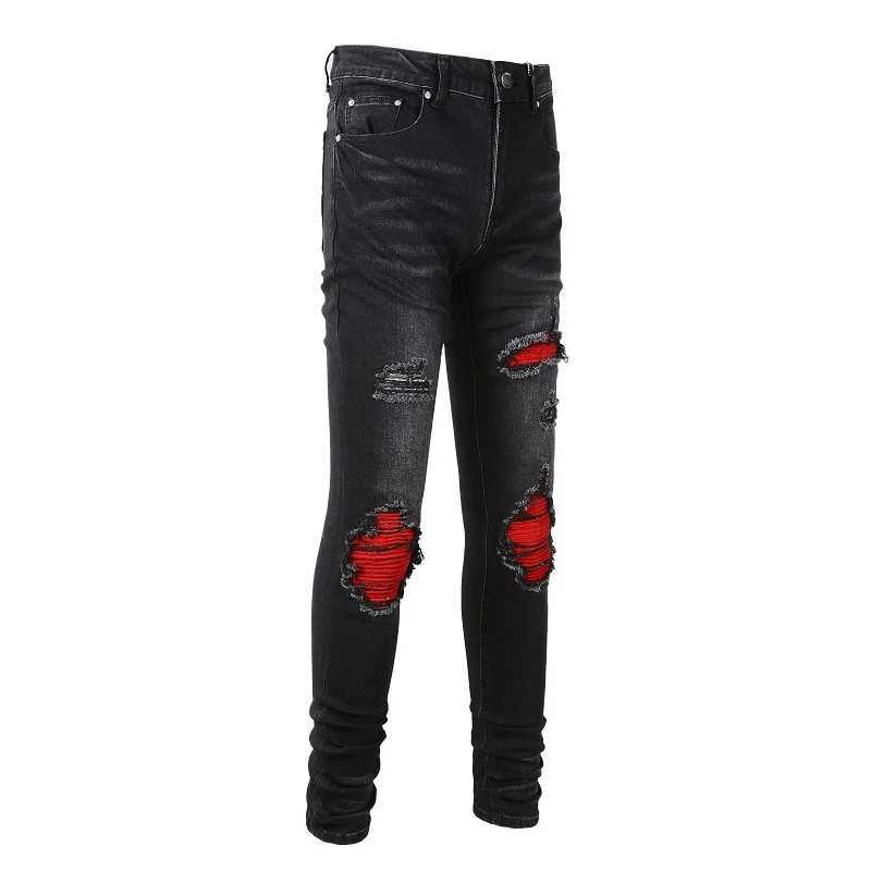 Mens Cracked Red Pleated Patch Biker Jeans Streetwear Patchwork Stretch Denim Pants Skinny Tapered Black Trousers X250812