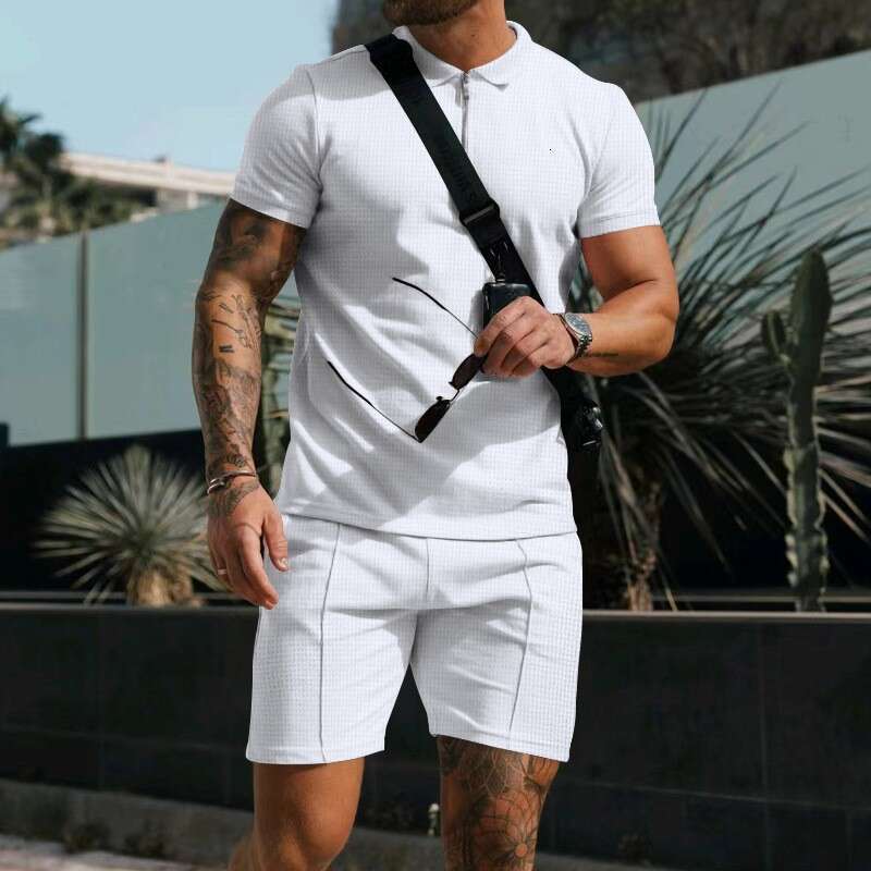 Summer Men's Zipper Polo T-Shirt Casual Loose Short Sleeve Shorts Sports Set B5