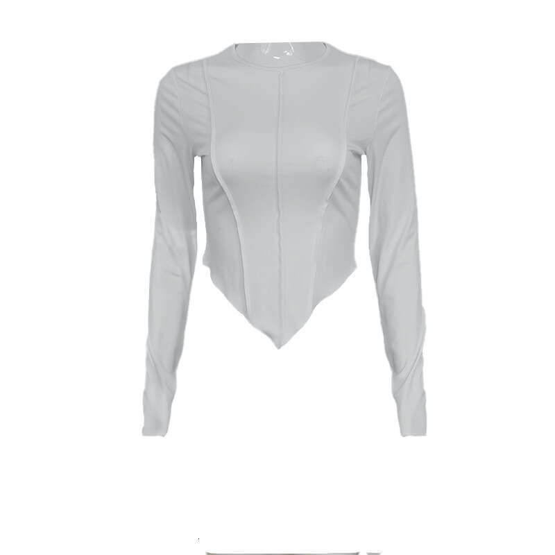 Solid Color Split Chest Long Sleeve Round Neck T-Shirt Spring Autumn New Women's Top B5