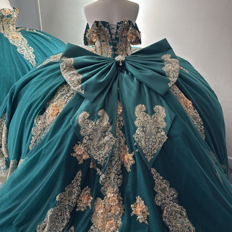 Blackish Green Shiny Quinceanera Dresses Ball Gown Off The Shoulder Applique Flower Beads Bow Tull Corset Party Birthday Sweet 16 Dress Vestidos 15 An