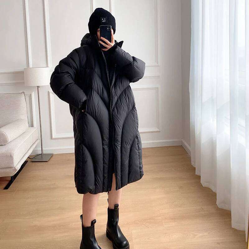 Schinteon Women White Duck Down Long Jacket With Hood Autumn Winter Warm Thick Casual Loose Outwear 2024 New Fashionable Coat MDNG