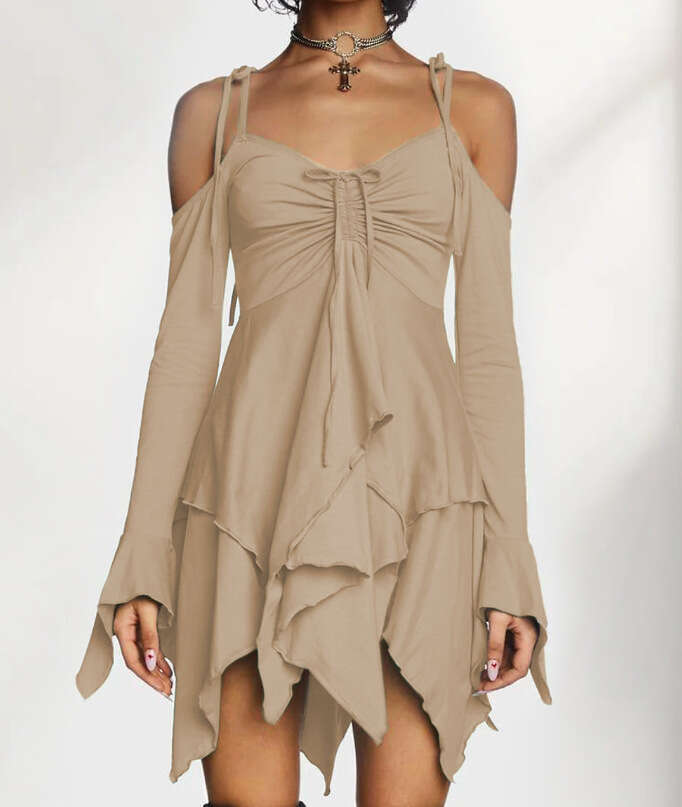 Gothic Style Milk Silk Women's Patchwork Off-Shoulder Long Sleeves High Waist Strap Dress With Ruffles B5