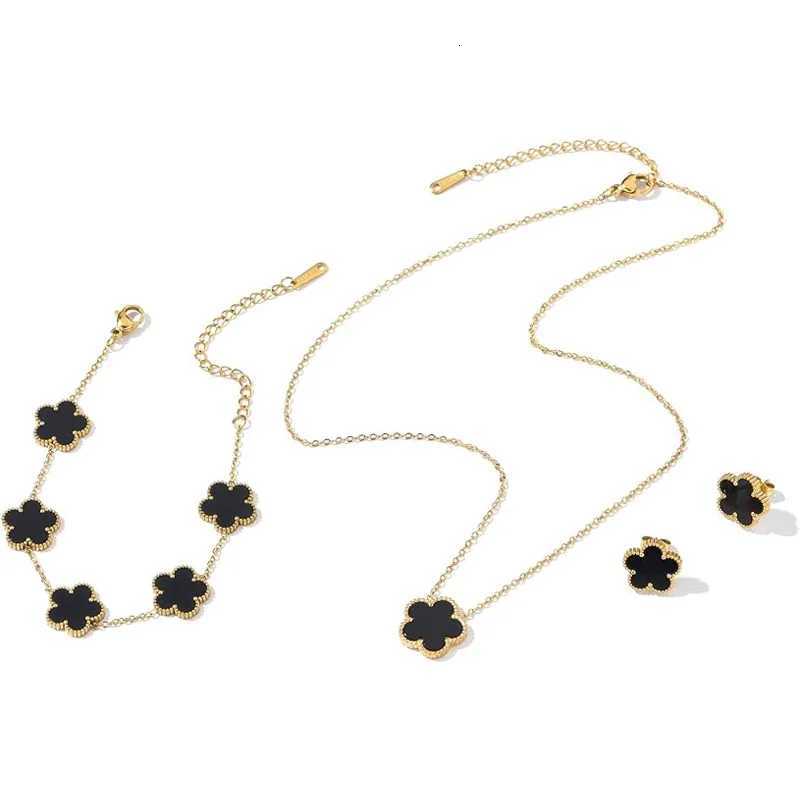 Luxurious Five Leaf Flower Jewelry Set 14K Gold Plated Stainless Steel Black White Gold Silver Color Elegant for Women X250718