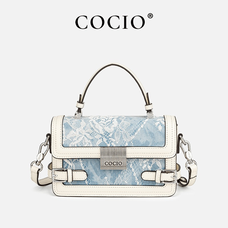 COCIO designer Shoulder Bags denim blue lace embroidered hand-held small square bag lock buckle fashionable leather crossbody shoulder bag