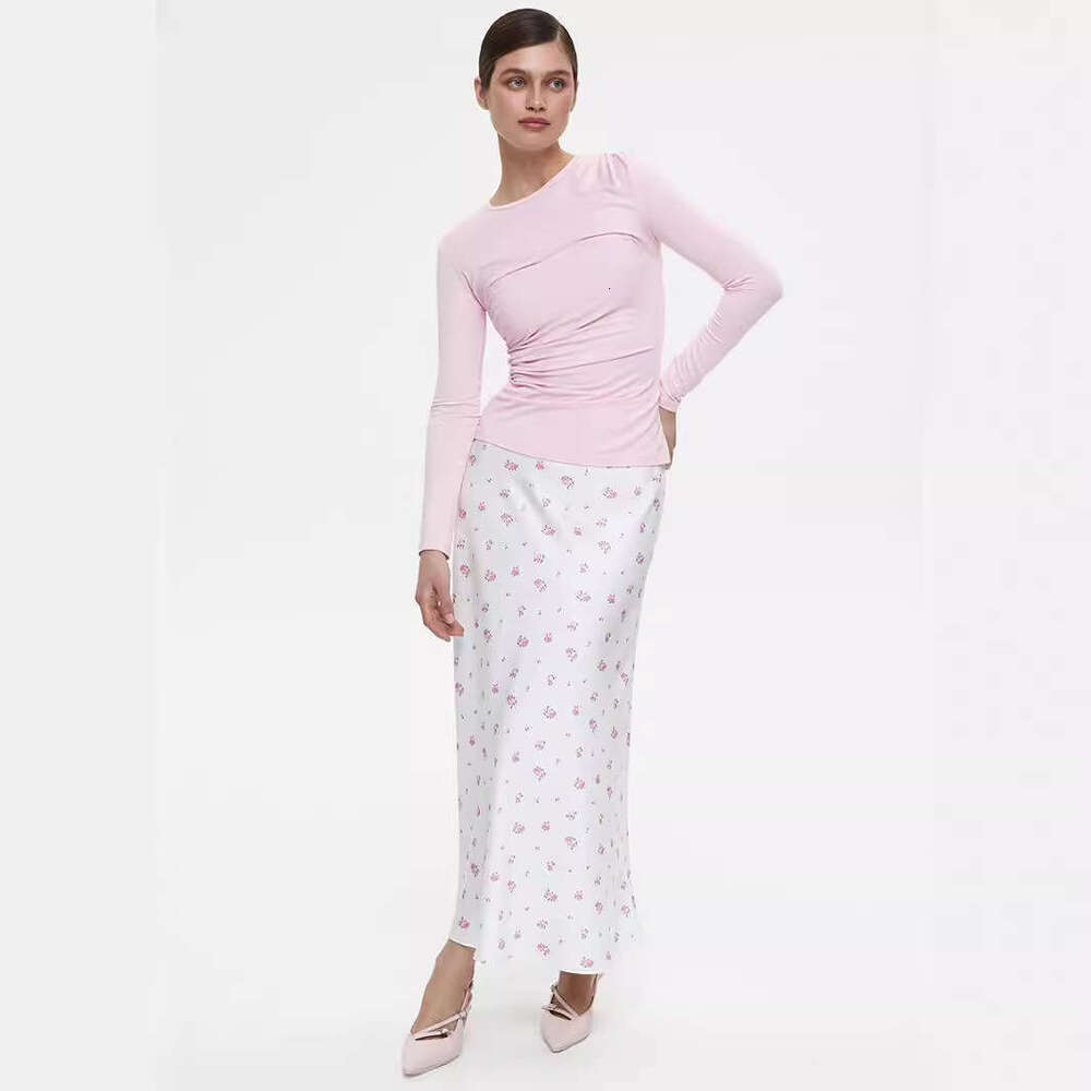 Printed Spring Summer New Elegant Floral Satin Print Draped High Waist Midi Skirt B5