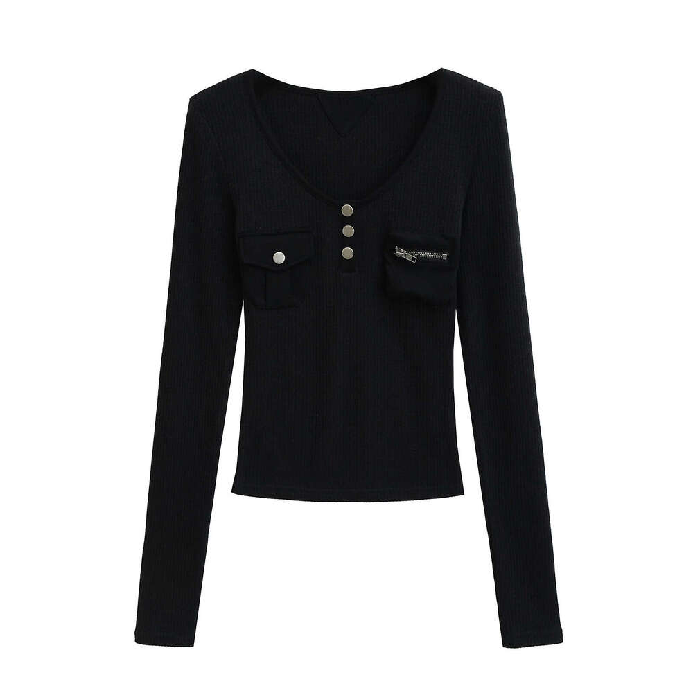 American Style Spliced Base Shirt For Women, Autumn And Winter Inner Wear, Pocket Detail, Slim Fit Long Sleeve Slimming Knitted Top B5 g5