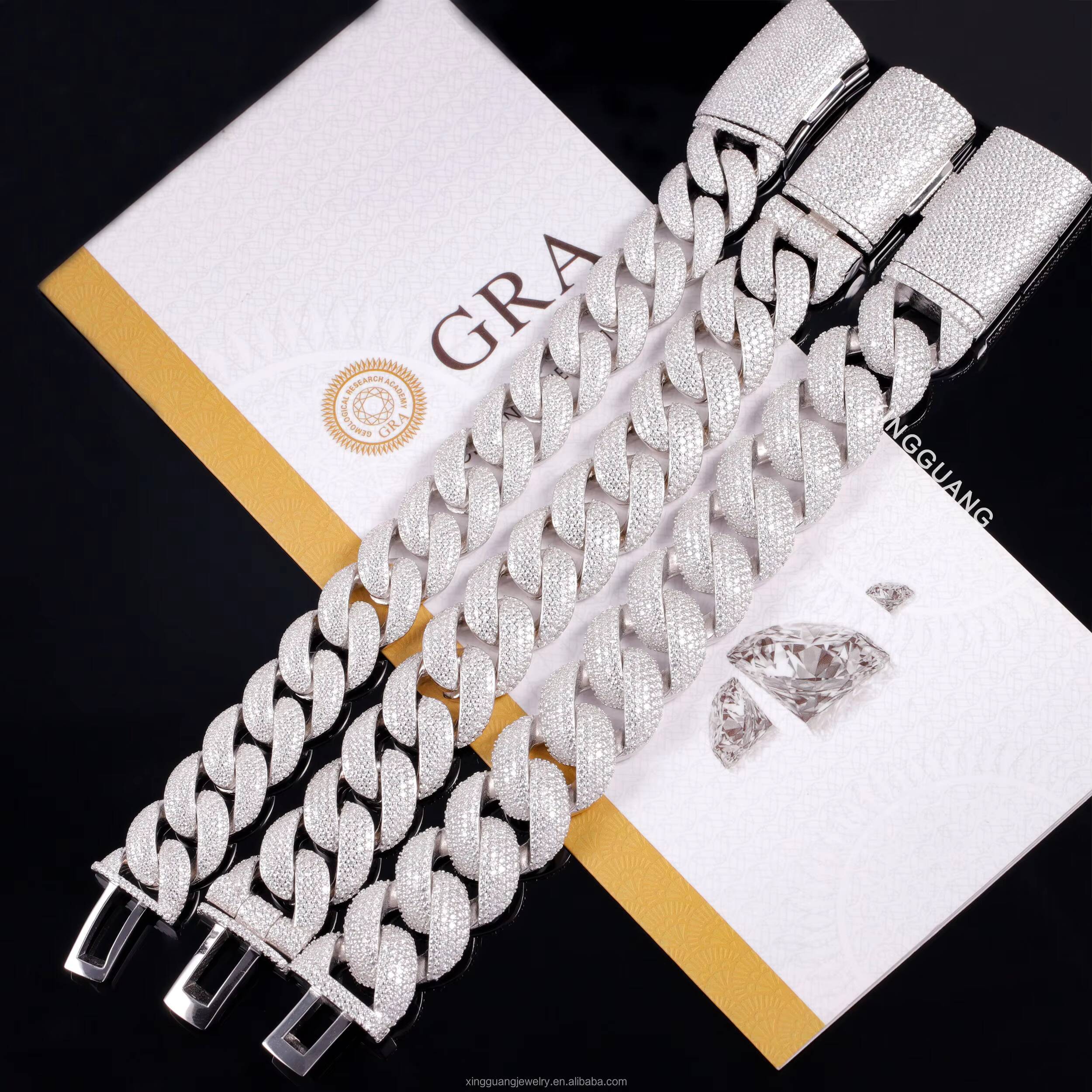 Fine Jewelry Heavy Chain 17mm 20mm 22mm Cuban Link Bracelet Gold Plated Solid Silver Full Iced Out Moissanite Chains for Men