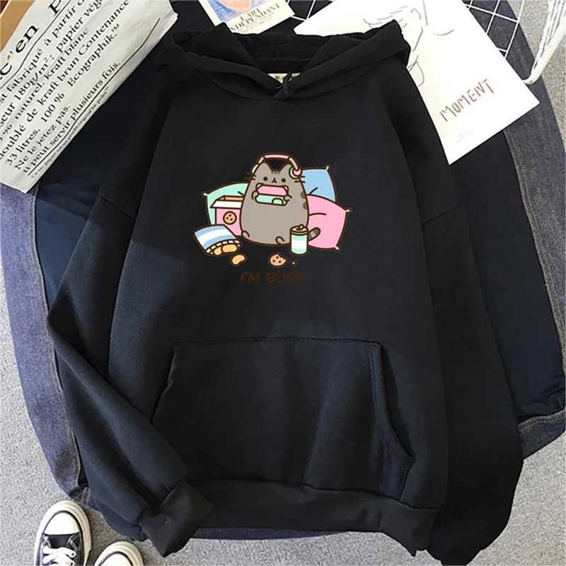 Cartoon Cat Hoodie Sorry Im Busy Printed Mens and Womens Casual Fashion Hooded Sweatshirt Autumn and Winter Warm Top XJ250714
